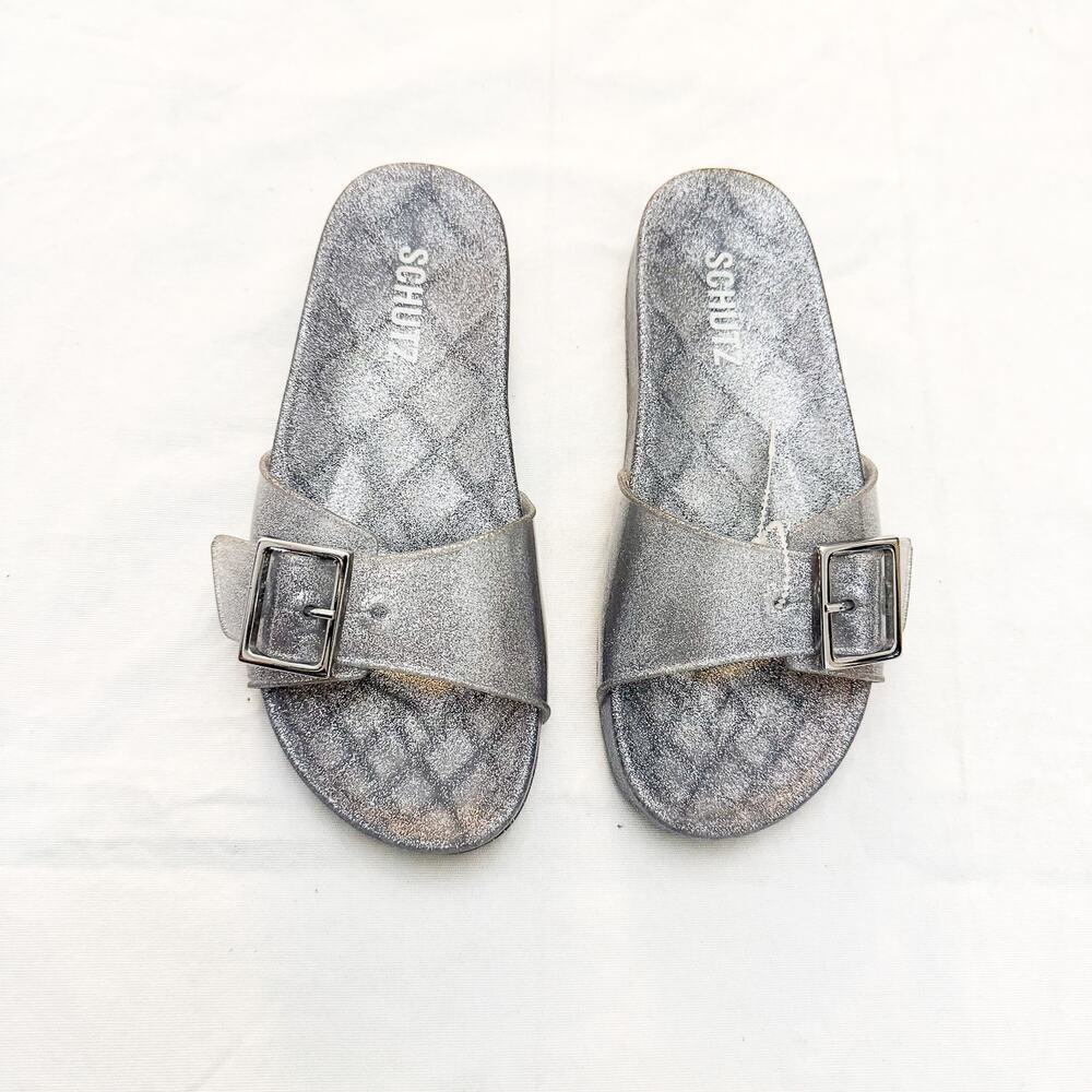 Schutz Tania Glitter Buckle Slides Silver / Gray MINT Size 4/5